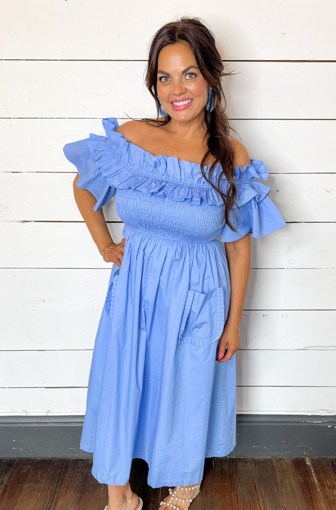 periwinkle off the shoulder dress Periwinkle Whispers Off the Shoulder Ruffle Midi Dress (FINAL SALE) – Style  House Frisco