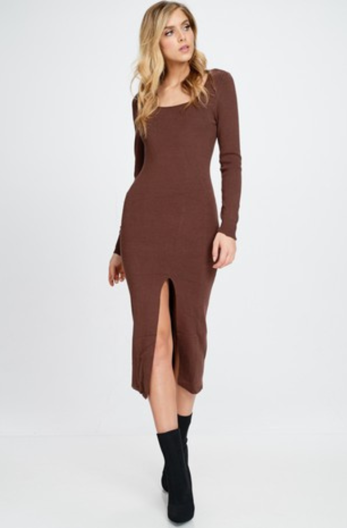 brown bodycon sweater dress Women Brown Ribbed Bodycon Dress with Turtle Neck M / Brown
