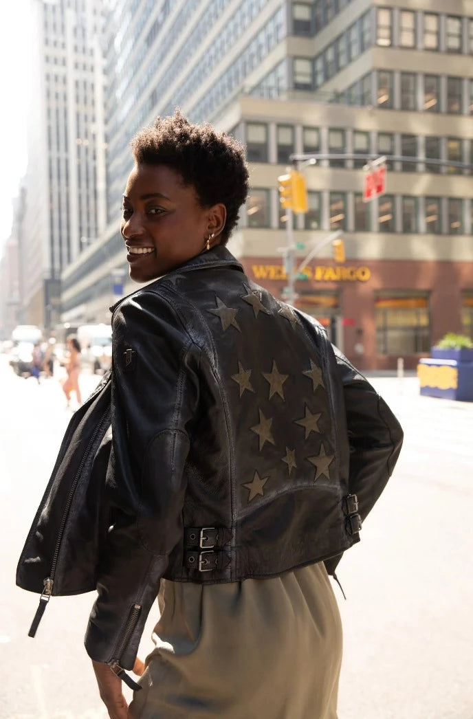 Christy Star Detail Leather Jacket Black Olive Mauritius FINAL SALE