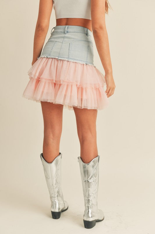 【L'Appartement】TULLE 2WAY FRILL SKIRT Darling Denim Mini Skirt with Tulle (FINAL SALE) – Style House Frisco