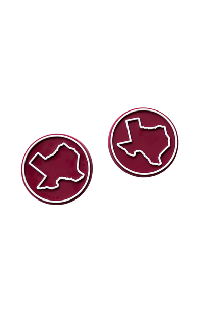 Pair of maroon game day boot buttons with white Texas state outline, perfect for Texas A&M fans.