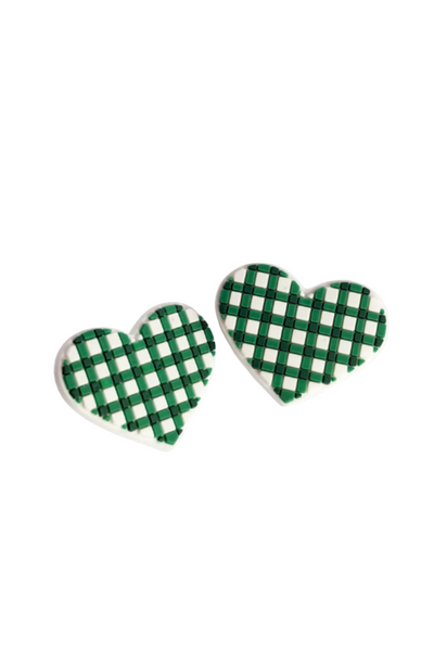 Pair of green and white gingham heart-shaped boot buttons - a charming addition to game day outfits or spirited school looks.