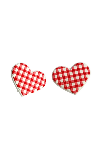 Pair of red and white gingham heart-shaped boot buttons - playful and sweet for Valentine’s Day or spirited game day looks.