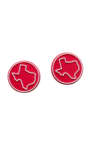 Pair of red game day boot buttons with white Texas state outline, ideal for showing team spirit on game day.
