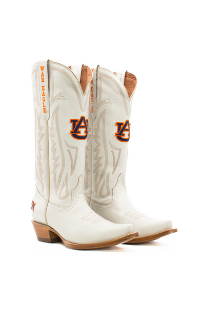 White western boots featuring the Auburn University logo in navy and orange with "WAR EAGLE" stitched on the pull straps. Ideal for showing Auburn Tigers spirit in bold, southern game day style.