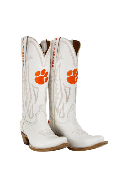 White western boots featuring the Clemson University Tigers orange paw logo and “SOLID ORANGE” text. Perfect for Clemson fans to show school pride on game day with standout style and bold spirit.