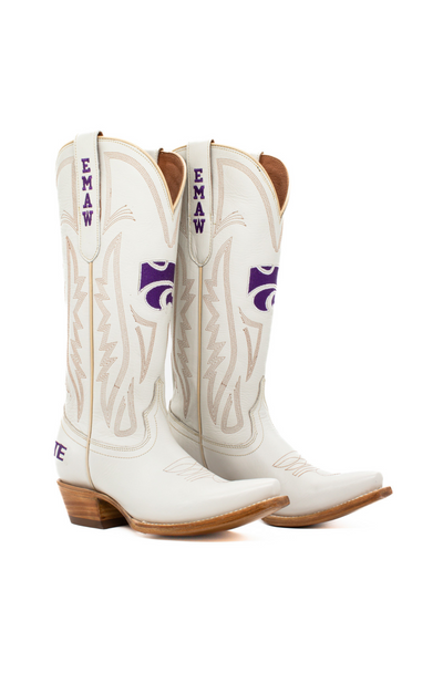 White western cowgirl boots featuring the Kansas State University Wildcats Powercat logo and "EMAW" embroidery in purple. Perfect for Big 12 game day outfits, tailgating, and showing K-State pride in bold Wildcat style.