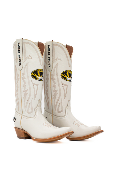 White western boots featuring the University of Missouri Tigers logo and "THE ZOU" embroidery in black. Ideal for Mizzou fans to wear on game day, tailgates, or to show school spirit with bold SEC style.
