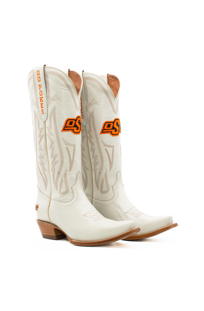 Oklahoma State Cowboys white leather cowboy boots with bright orange OSU logos and "Go Pokes" embroidered on the pull tabs. Stylish game day footwear for OSU fans to wear to tailgates, football games, or Western-inspired college events.