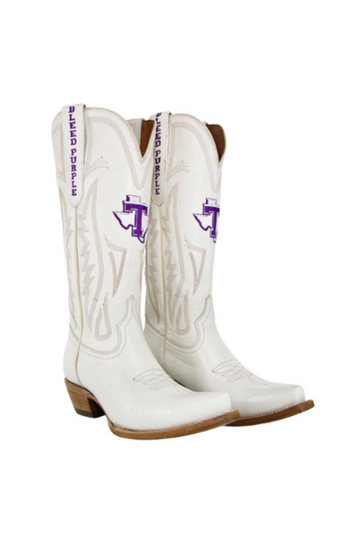 Tarleton Texans white leather cowboy boots featuring purple embroidered Texas outline with “T” logo and “Bleed Purple” on the sides. Ideal for college football game days, tailgates, and Tarleton State fans wanting bold Western gameday style.