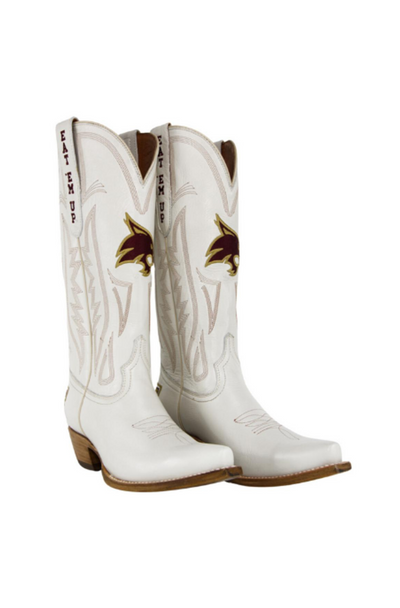 Texas State Bobcats white leather cowboy boots with maroon and gold Bobcat logos and “Eat ‘Em Up” text on the pull tabs. Perfect for showing Texas State spirit on game day, tailgates, or as a bold collegiate Western fashion statement.