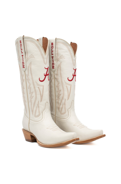 Alabama Crimson Tide white leather cowboy boots with red embroidered script "A" and “Roll Tide” down the sides. Perfect for college football game days, tailgates, and showing Alabama team spirit in bold Southern style.