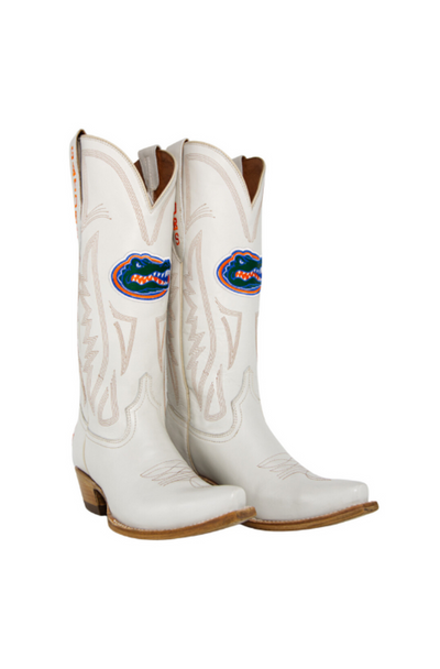 White western boots featuring the University of Florida Gators logo in blue, orange, and green with “GATORS” stitched on the sides. Perfect for spirited game day outfits and SEC tailgates.