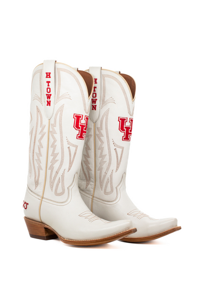 White western cowgirl boots featuring the University of Houston Cougars logo and “H-Town” embroidery in red. Ideal for college game day outfits, tailgates, and showing Cougar spirit with bold Big 12 style.