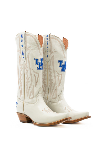 White western boots featuring the University of Kentucky "UK" logo in royal blue with "GO BIG BLUE" text on pull tabs. Ideal for Wildcats fans to complete their spirited game day outfit with a bold southern twist. Perfect for college football fashion.