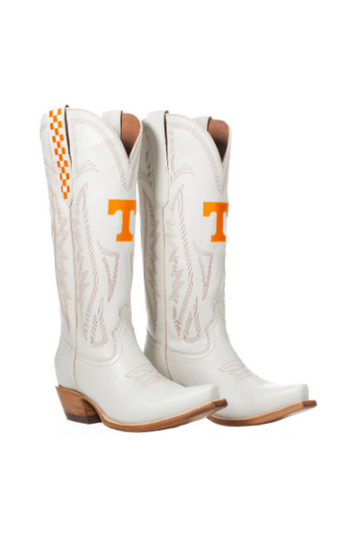 Tennessee Volunteers white leather cowboy boots featuring the bold orange "T" logo and checkerboard pattern on the sides. Perfect for SEC football fans to wear on game day, at tailgates, or showing off Vols pride in Southern style.