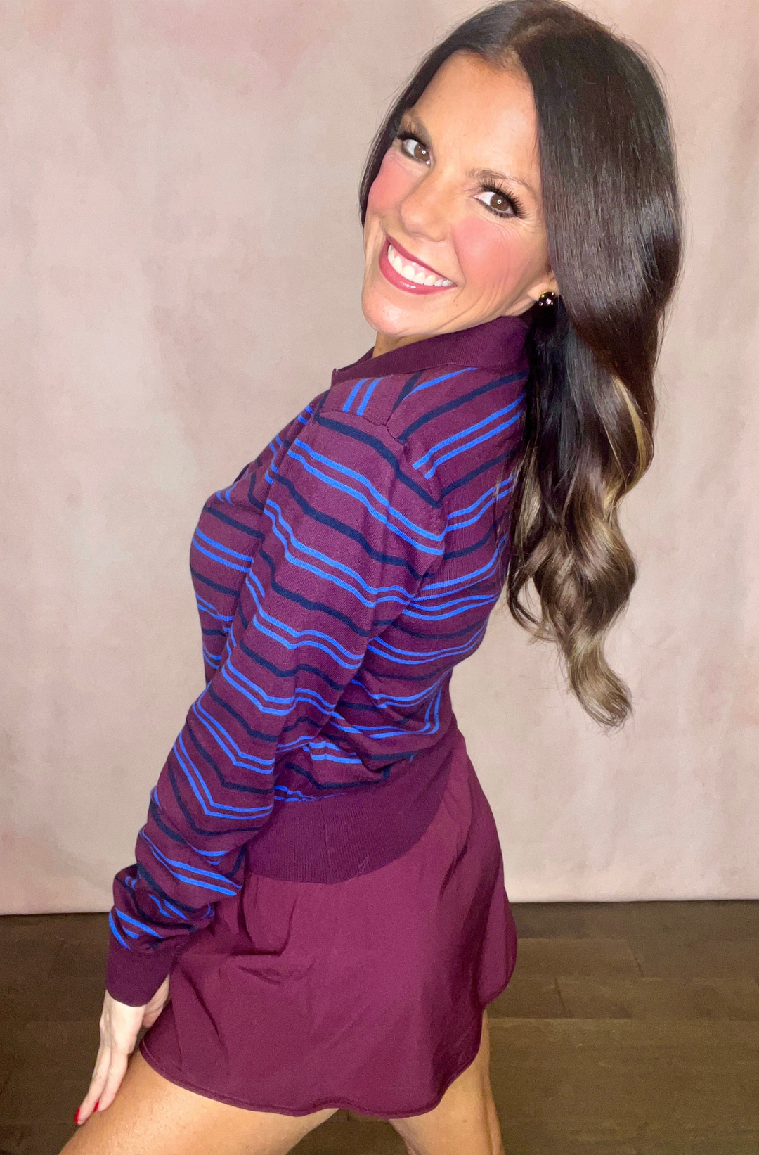 Greta Long Sleeve Polo Sweater - Claret Azure Stripe - Pistola