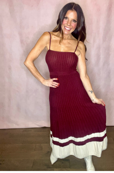 Maroon and white maxi dress