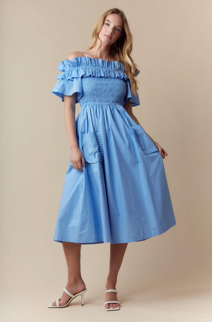 periwinkle midi dress Periwinkle Whispers Off the Shoulder Ruffle Midi Dress (FINAL SALE) S