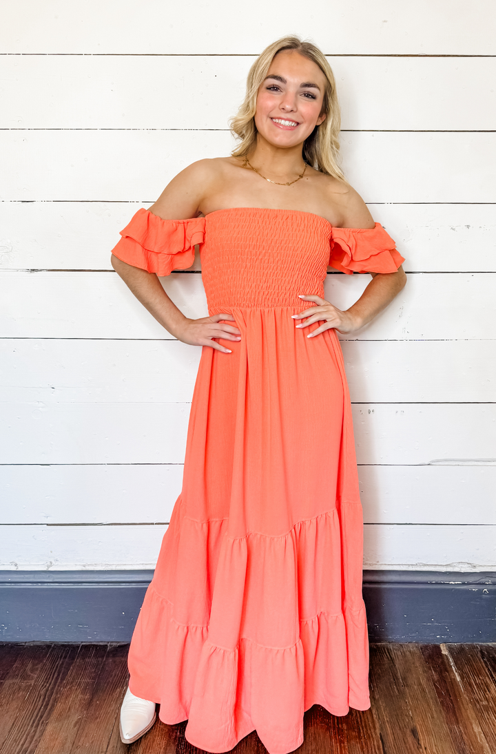 coral off the shoulder maxi dress Queen of Coral Maxi Dress (FINAL SALE) – Style House Frisco