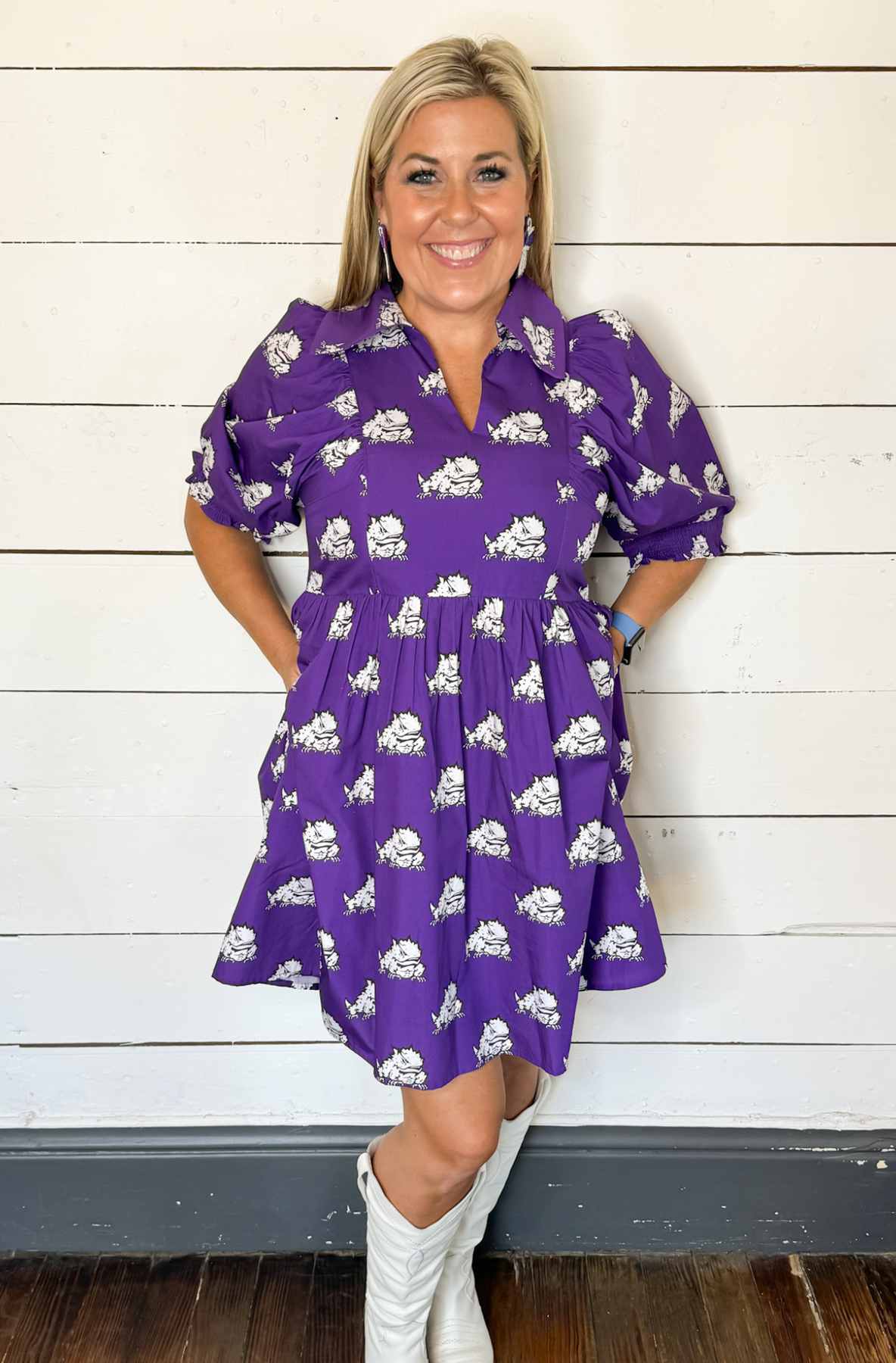 purple tcu dress TCU Horned Frogs Embroidered Purple Gingham A Line Dress