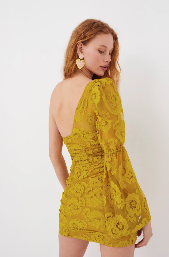 ladonna mini dress For Love & Lemons Tiana Floral Lace One Shoulder Minidress in Yellow at Nordstrom, Size Medium
