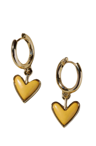 Gold hoop earrings with yellow heart charms on a white background