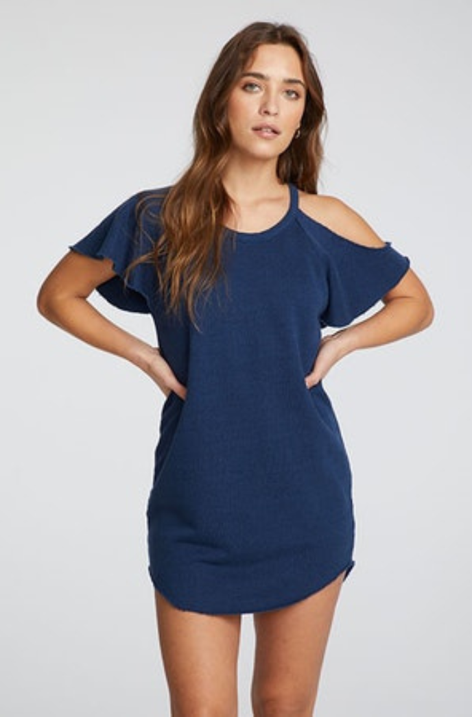 knee length dresses for ladies Chaser Linen French Terry Vented Flutter Sleeve Hi Lo Shirttail Dress M