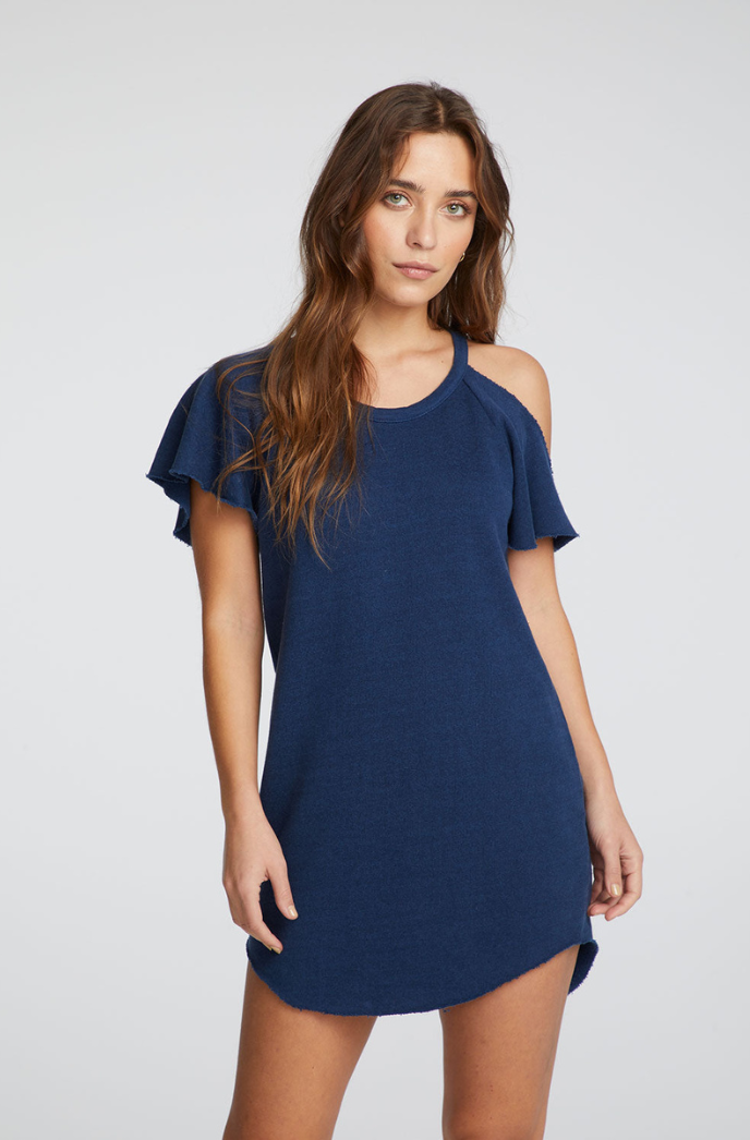 Cold Shoulder Linen French Terry Vented Flutter Sleeve Hi Lo