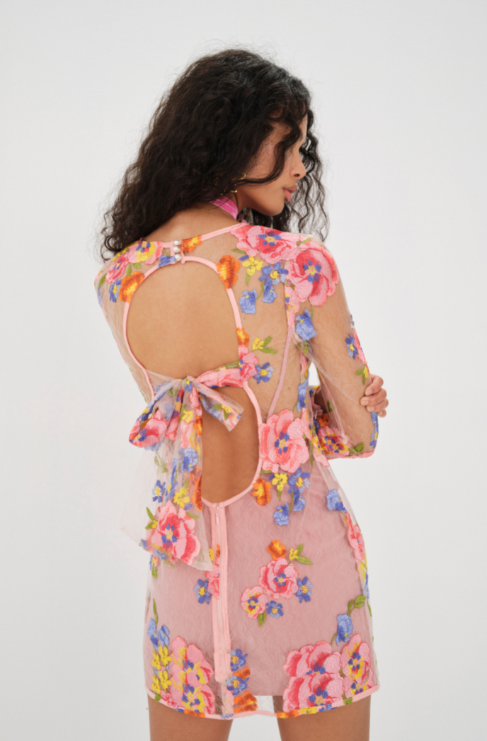 for love and lemons peony mini dress For Love & Lemons Percy Floral Embroidery Long Sleeve Lace Minidress in Pink Multi at Nordstrom, Size Medium