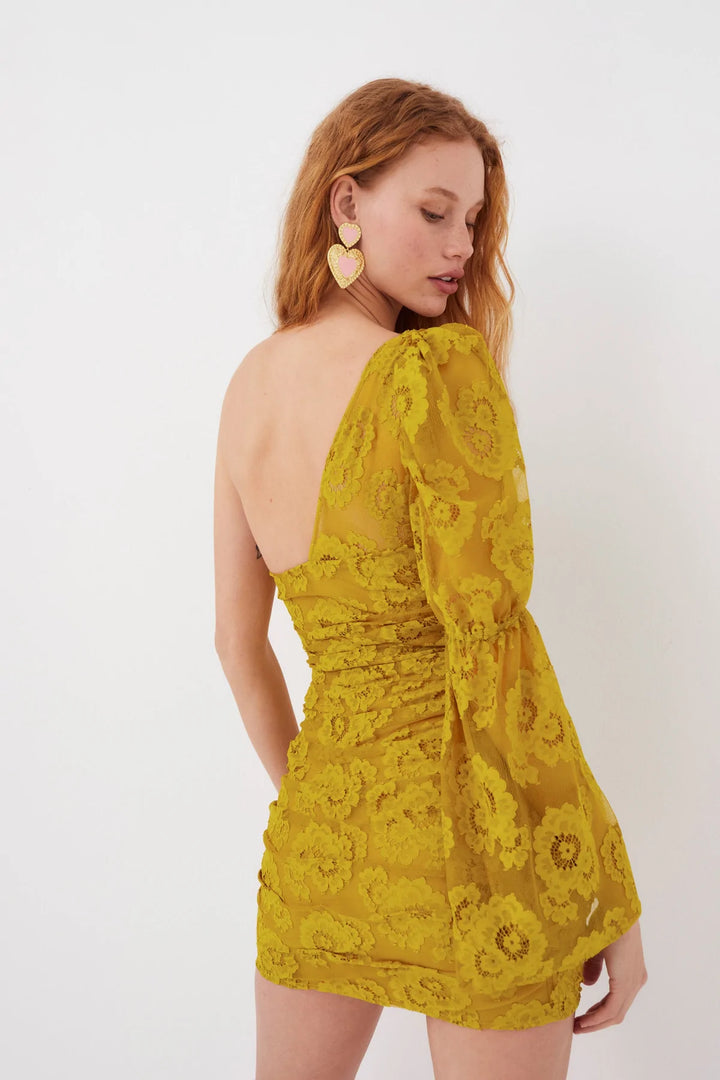 for Love & Lemons Tiana Floral Lace One Shoulder Minidress in Yellow at Nordstrom, Size Medium