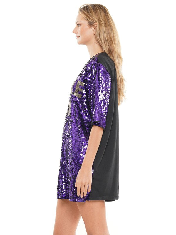 purple sequin game day dress GAME DAY JERSEY SEQUIN DRESS PURPLE Women's Sequin Short-Sleeved Dress   Betsey Johnson