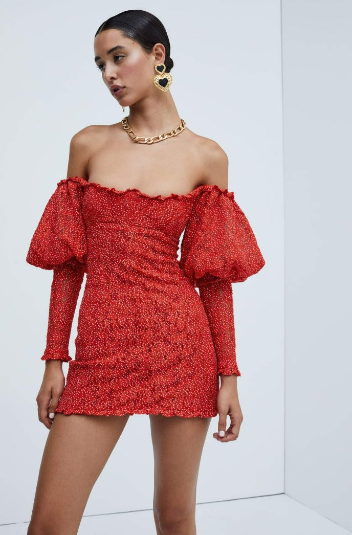 For Love & Lemons Clarisse Off Shoulder Mini Dress by For Love & Lemons at Free People in Red, Size: S